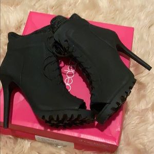 Black Peep Toe Tie Up Bootie w/ Sock “Insert”